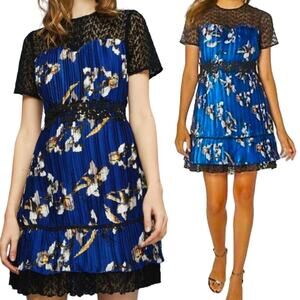 Foxiedox Carmella Pleated Mini Dress Floral Print Iris Lace Fit & Flare Blue 6